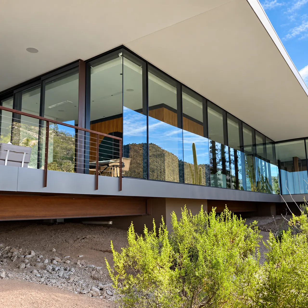 Expansive architectural glass reflecting the landscape around a modern home